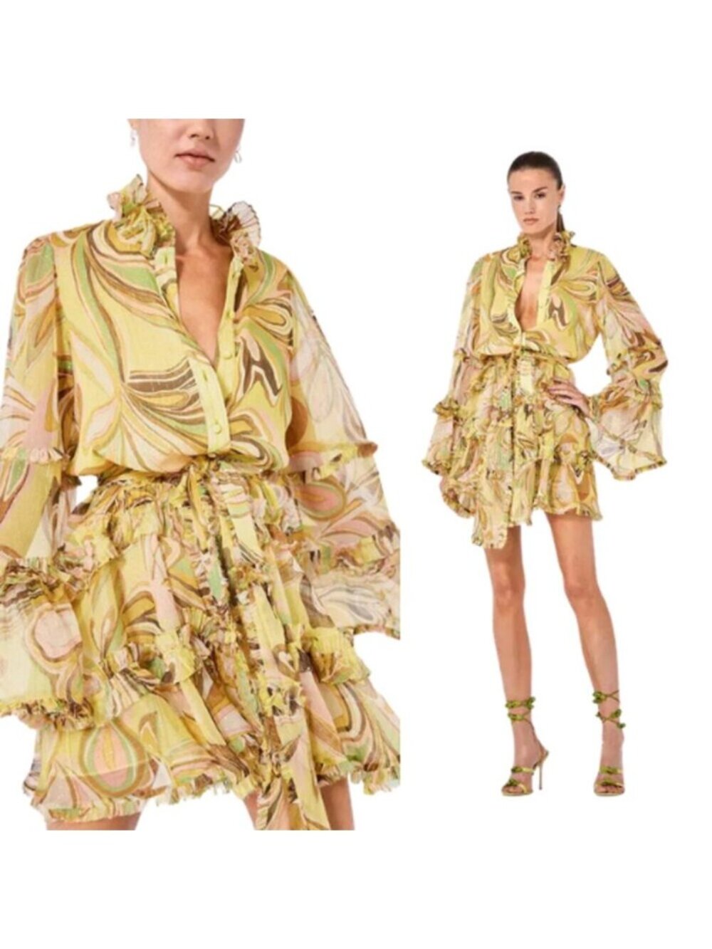 NWT Alexis Paris Tired Ruffle Paisley Print Mini Dress Yellow Size: Medium